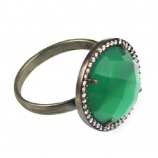 Green onyx round sterling silver pave setting cz ring